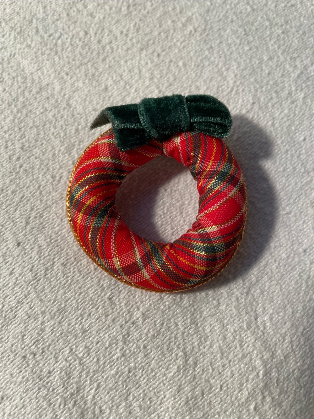 Avon Red Plaid Christmas Pin with Dark Green Velvet Bow